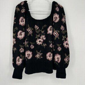 Anthropologie Black Floral Square Neck Sweater size Medium Long Sleeve